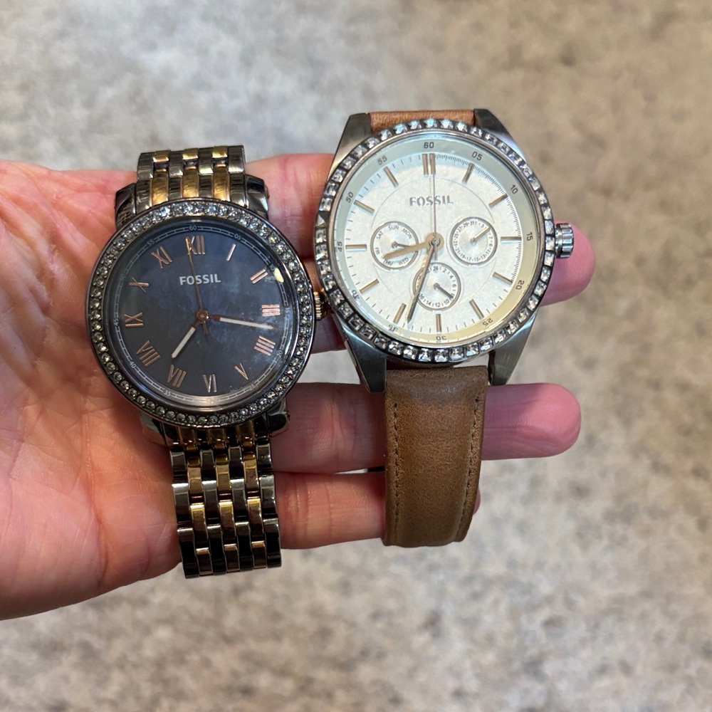 Fossil Women’s Dual Watch Lot — Black/Gold & Tan/Silver